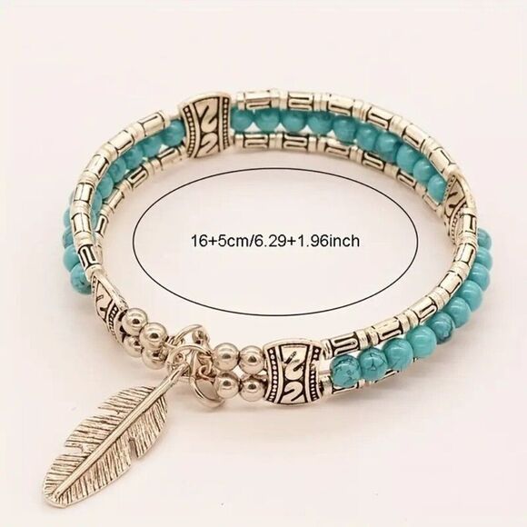 Boho-Chic Blue & Bead Feather Pendant Bracelet - Vintage Ethnic Style - Picture 3 of 3